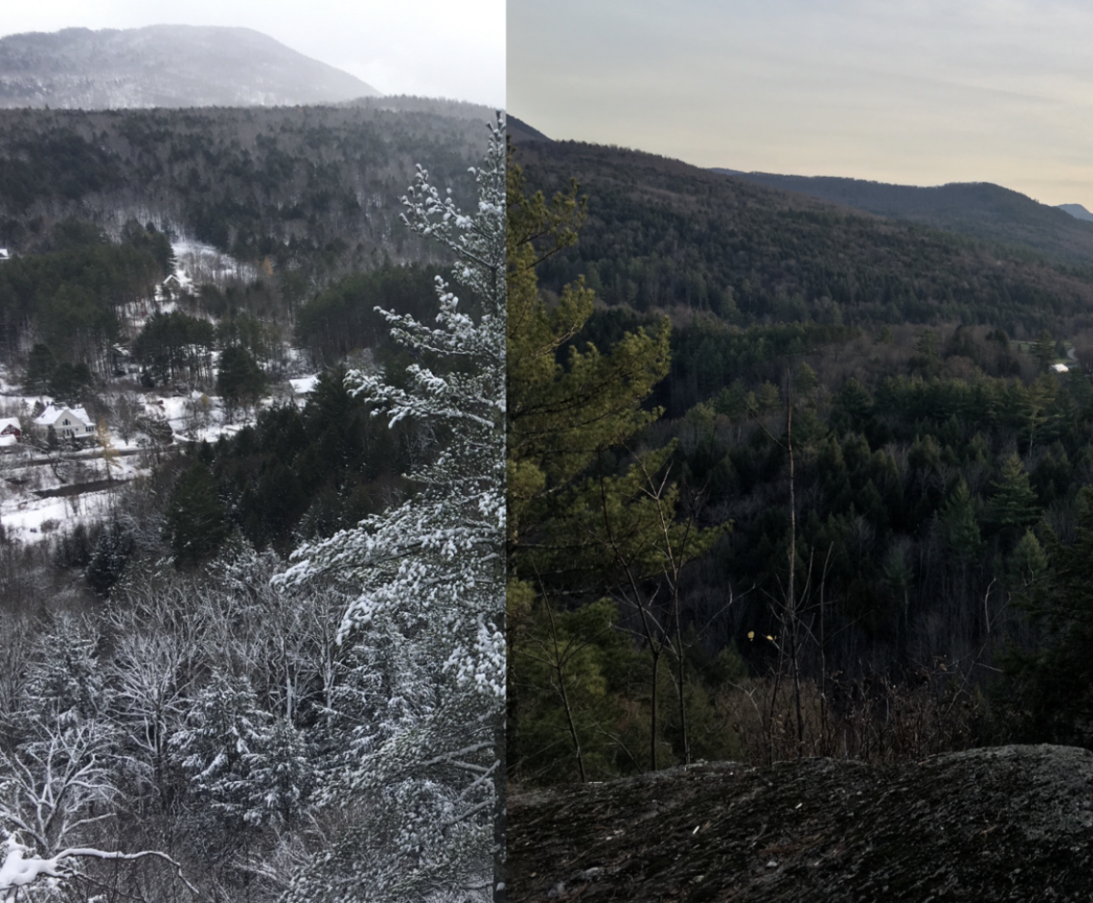 A composite of two photos taken at the same location 4 days apart in Moretown VT.  The photo on the left was taken November 3, 2020, and the photo on the right was taken November 7, 2020.