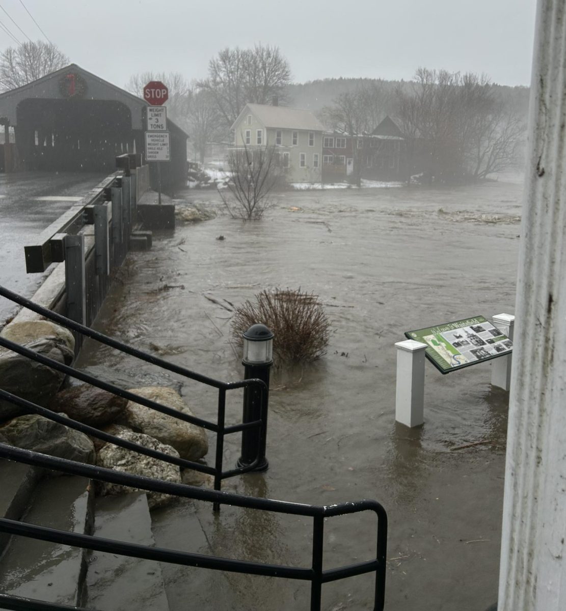 Flood waters under the Waitsfield Covered Bridge on December 18th, 2023.